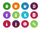 Beer and alcohol glasses circle icons on white background.