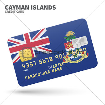 Credit card with Cayman Islands flag background for bank, presentations and business. Isolated on white