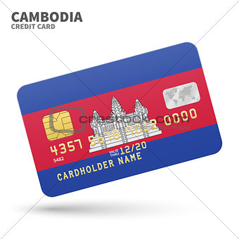 Credit card with Cambodia flag background for bank, presentations and business. Isolated on white