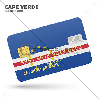 Credit card with Cape Verde flag background for bank, presentations and business. Isolated on white