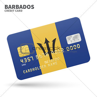 Credit card with Barbados flag background for bank, presentations and business. Isolated on white