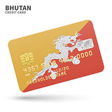 Credit card with Bhutan flag background for bank, presentations and business. Isolated on white
