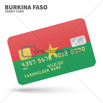 Credit card with Burkina Faso flag background for bank, presentations and business. Isolated on white