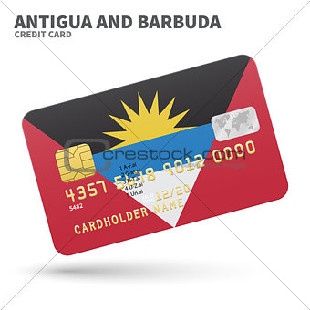 Credit card with Antigua and Barbuda flag background for bank, presentations, business. Isolated on white