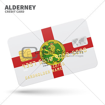 Credit card with Alderney flag background for bank, presentations and business. Isolated on white