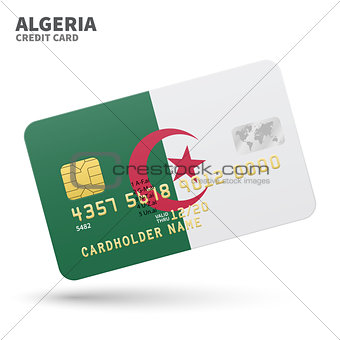 Credit card with Algeria flag background for bank, presentations and business. Isolated on white