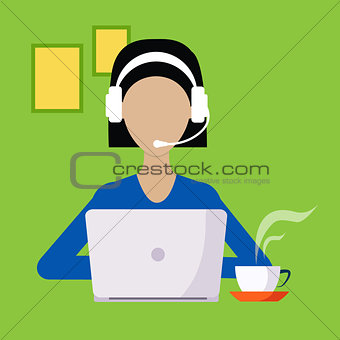 Woman With Hands Free And Lap Top Working Freelance