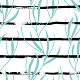 Vector seamless pattern with hand drawn stripes and plants