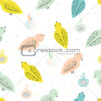 Vector seamless pattern with birds and fruits