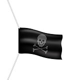 Pirate flag with skull symbol hanging on white rope