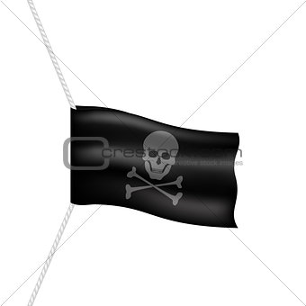 Pirate flag with skull symbol hanging on white rope