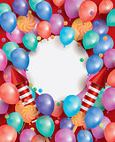 Happy Birthday Card with Flying Balloons, Red Rockets and Lollip