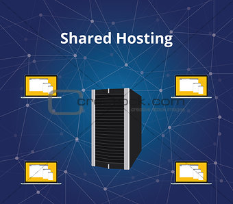 shared hosting with server and laptop communication vector graphic