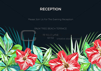 Wedding invitaion or card design with exotic tropical flowers and leaves