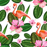 Seamless Pattern with Exotic Tropical Flower and Flamingo