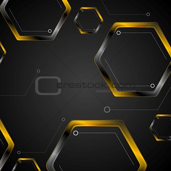 Dark tech background with black orange hexagons