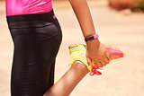 Young Woman Sports Stretching Using Fitwatch Steps Counter