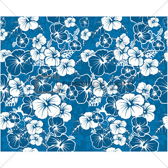 Blue floral seamless Hawaiian background with hibiscus flowers
