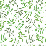Vector seamless plant background. Endless pattern with green twigs and leaves silhouette.
