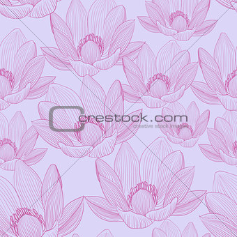 Cute seamless pattern with pink lotus flowers. Water lilies wallpapers