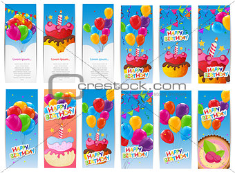 Color Glossy Happy Birthday Balloons and Cake Banner Set Backgro
