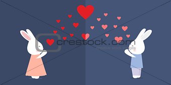 Cute kissing rabbits with heart, love card