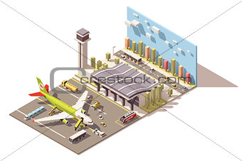Vector isometric low poly airport terminal building with airplane and Ground Support Equipment