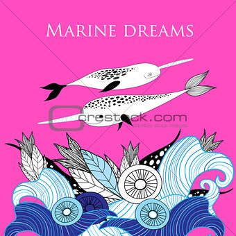 Graphic background of sea with the whales 