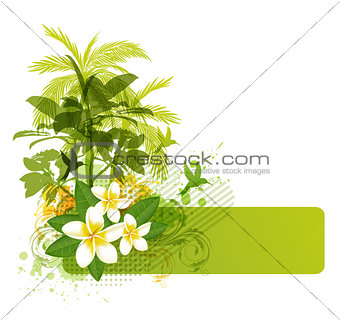 Green palms and tropical flowers