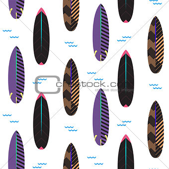 Surfboard seamless vector pattern. Black and purple striped boards on white.