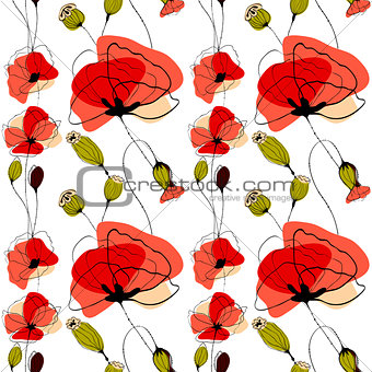 Poppy flowers and capsules seamless pattern