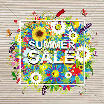 Summer sale design, floral frame on cardboard paper