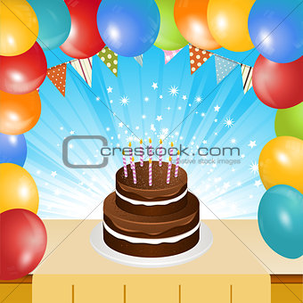 Birthday cake balloons and bunting background