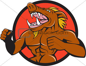 Wild Boar Man Roaring Pumping Chest Circle Cartoon