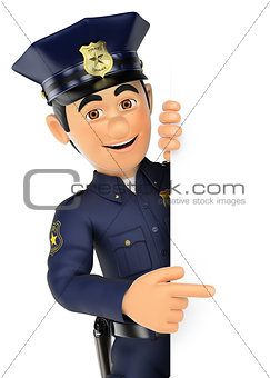 3D Policeman pointing aside. Blank space
