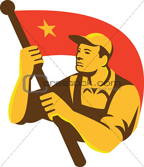 Communist Worker With Red Flag Star Retro