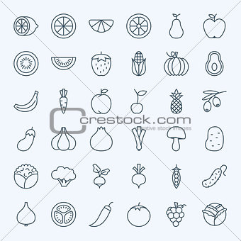 Line Fruit Vegetable Icons Set