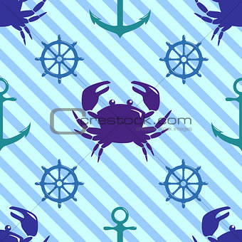Seamless pattern with crab, steering wheel and anchor