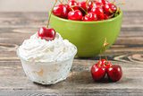 Closeup of Cherry Fruit in Cream Dessert