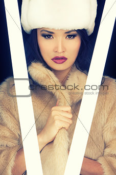 Beautiful Sexy Japanese Asian Girl In Fur Coat and Hat