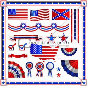 Red and blue patriotic American badges labels with flag, banners, round, shields wreaths in the colour pattern of the Stars stripes elements