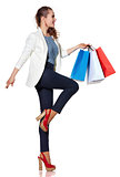 Woman with French flag colours shopping bags on white background