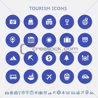 Tourism icon set. Material circle buttons
