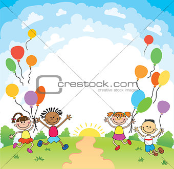 children are jumping ob summer background bunner cartoon funny vector character. illustration