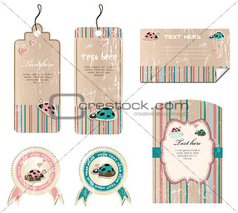 vector set of stickers and cards with ladybirds