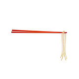 Wooden chopsticks in red design holding noodles