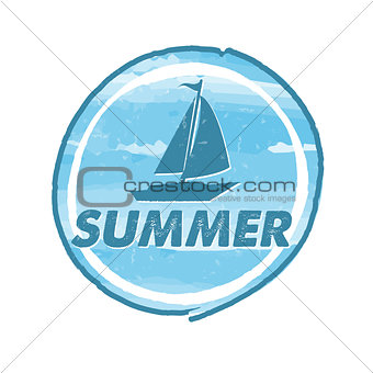 summer with blue boat, grunge drawn circle label