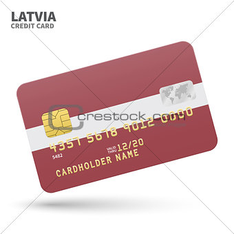 Credit card with Latvia flag background for bank, presentations and business. Isolated on white