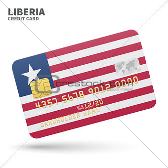 Credit card with Liberia flag background for bank, presentations and business. Isolated on white