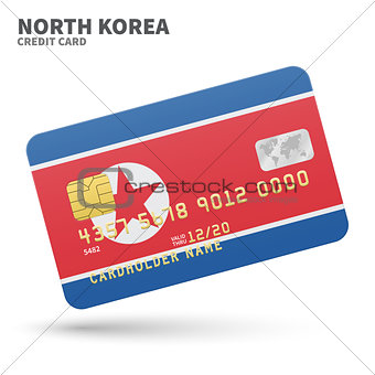 Credit card with North Korea flag background for bank, presentations and business. Isolated on white
